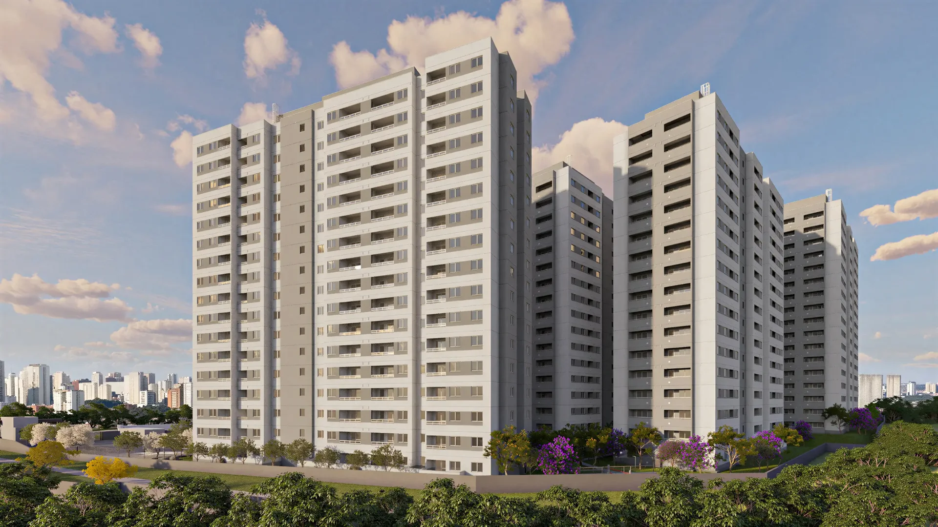 Fachada do Sinfonia Santo Amaro, lançamento da EMCCAMP com apartamentos de 2 dormitórios, varanda e lazer completo no bairro de Santo Amaro, SP.