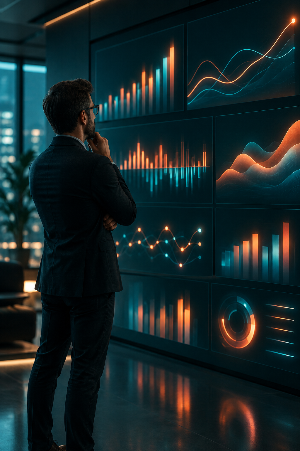 Painel analítico com executivo observando gráficos
