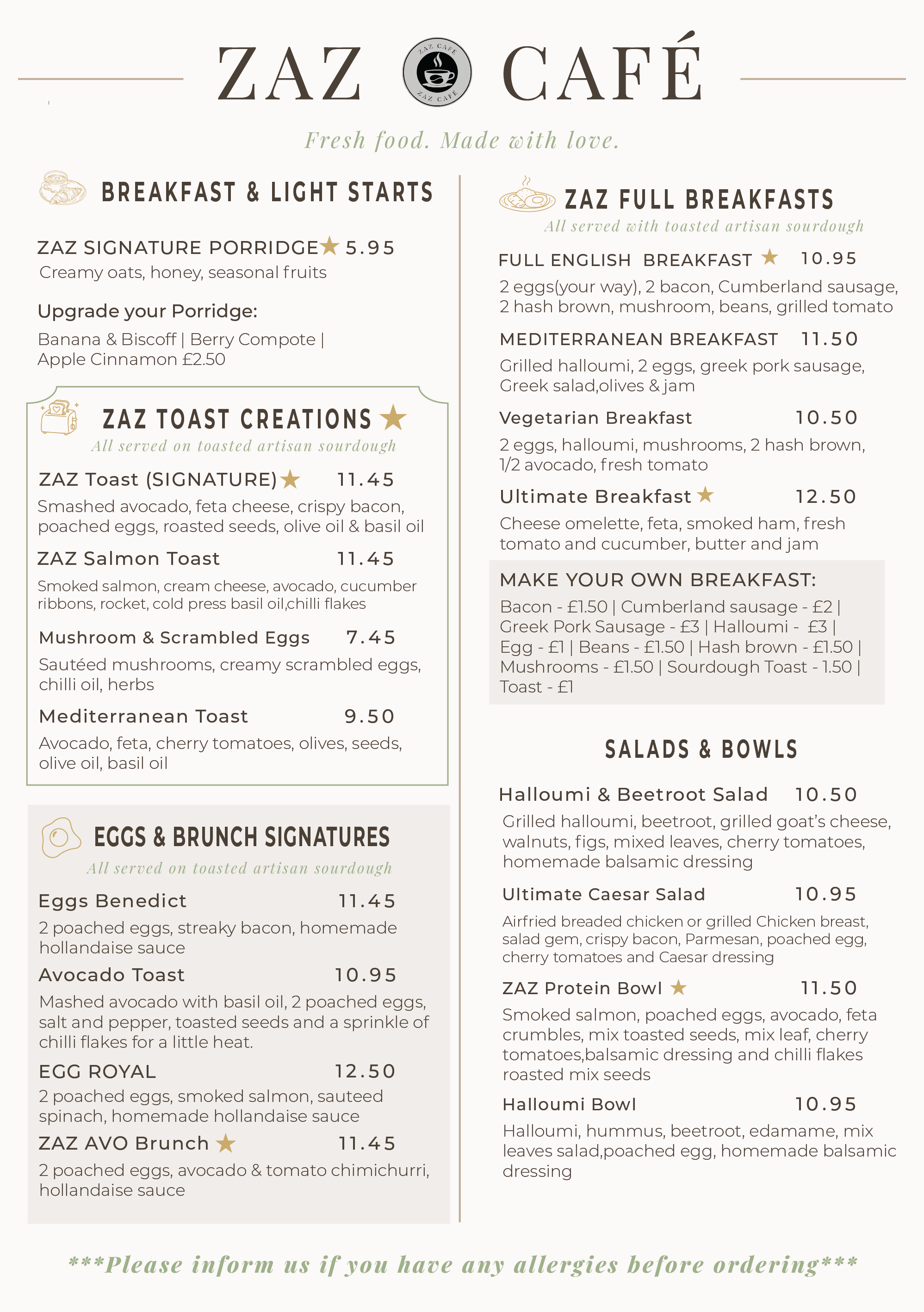 ZAZ Cafe menu page 1