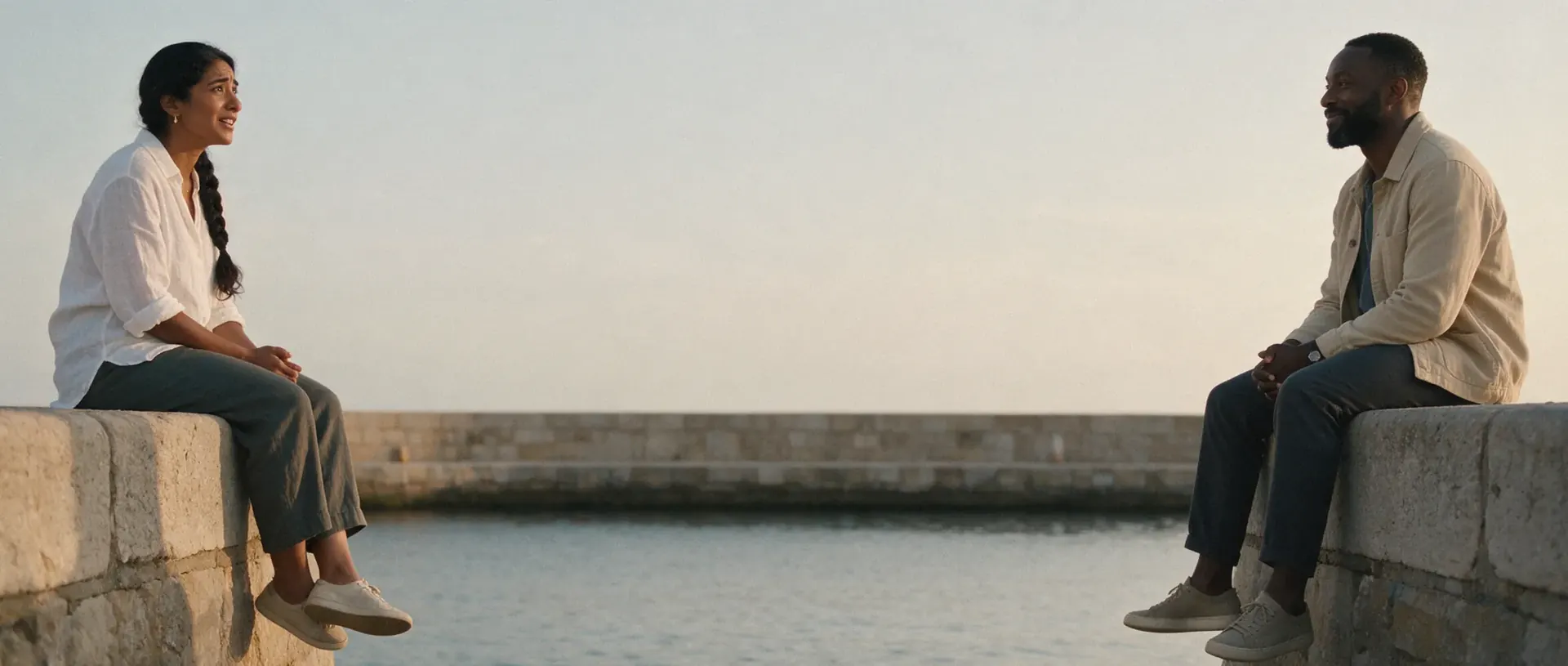 Two friends sitting at the two ends of a harbor wall by the water