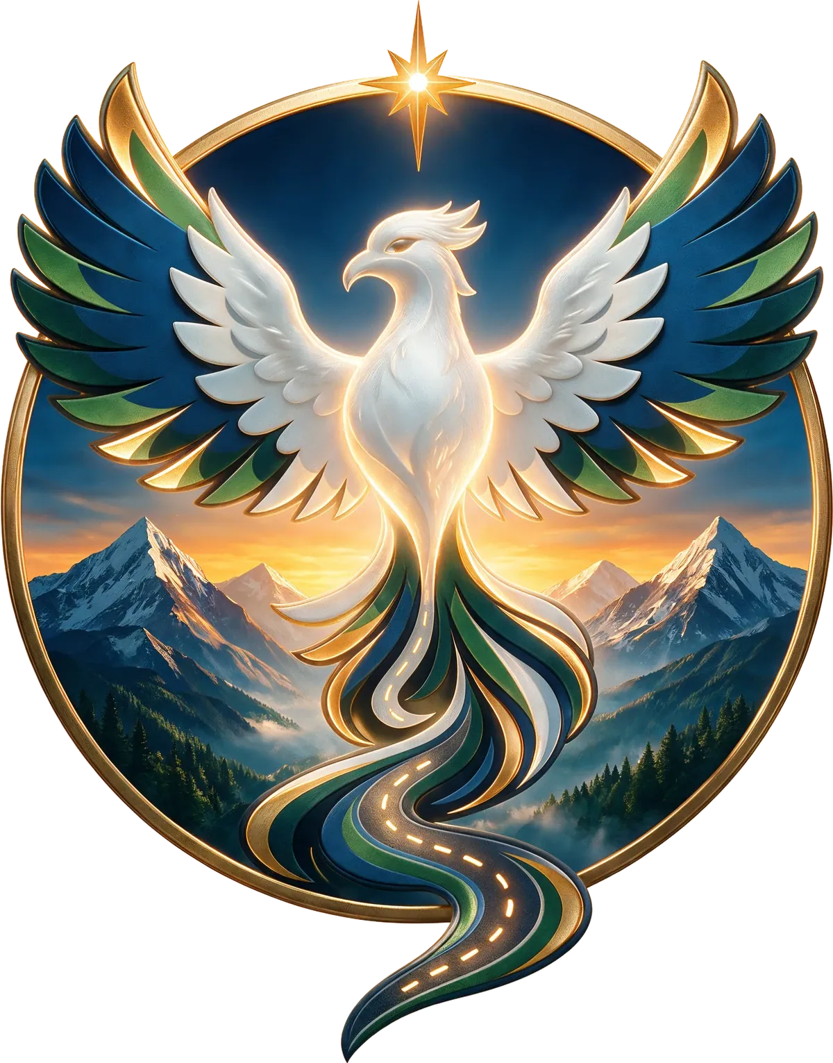 The Magical Journey Network logo: a phoenix rising inside a gold ring at dawn, its tail becoming a road through the mountains, a north star above