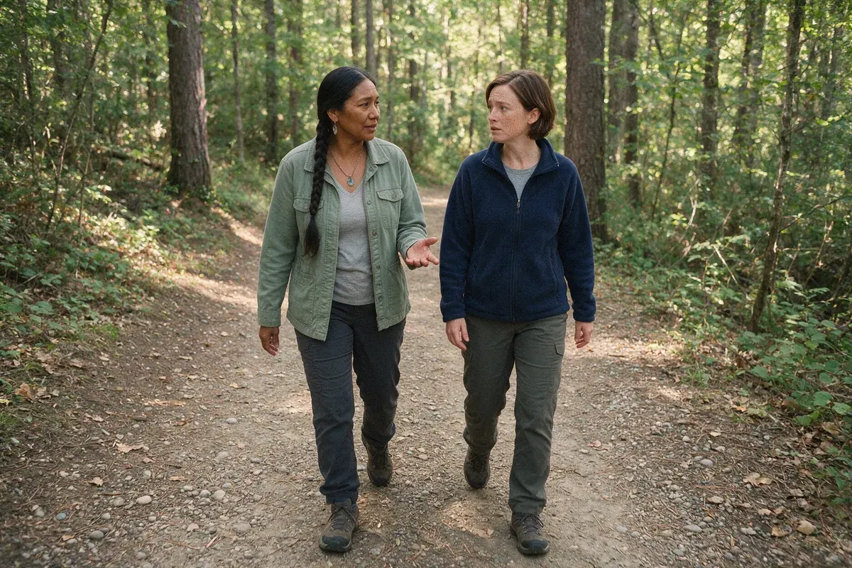Two women talking as they walk a forest trail