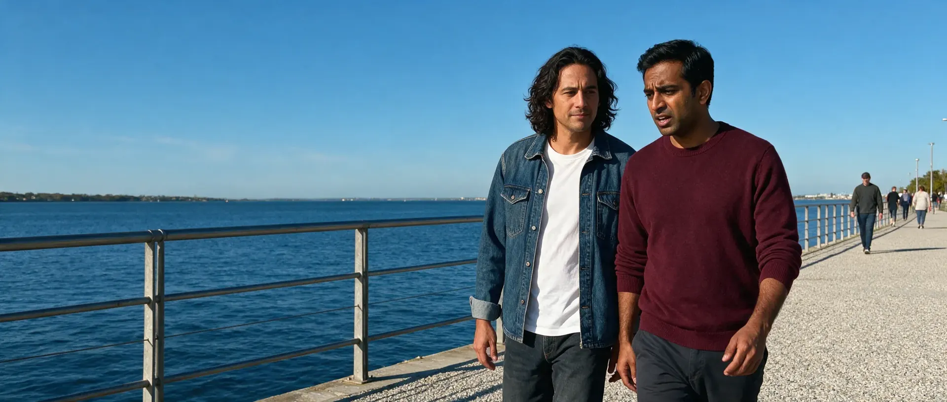 Two friends walking and talking along a sunny waterfront path