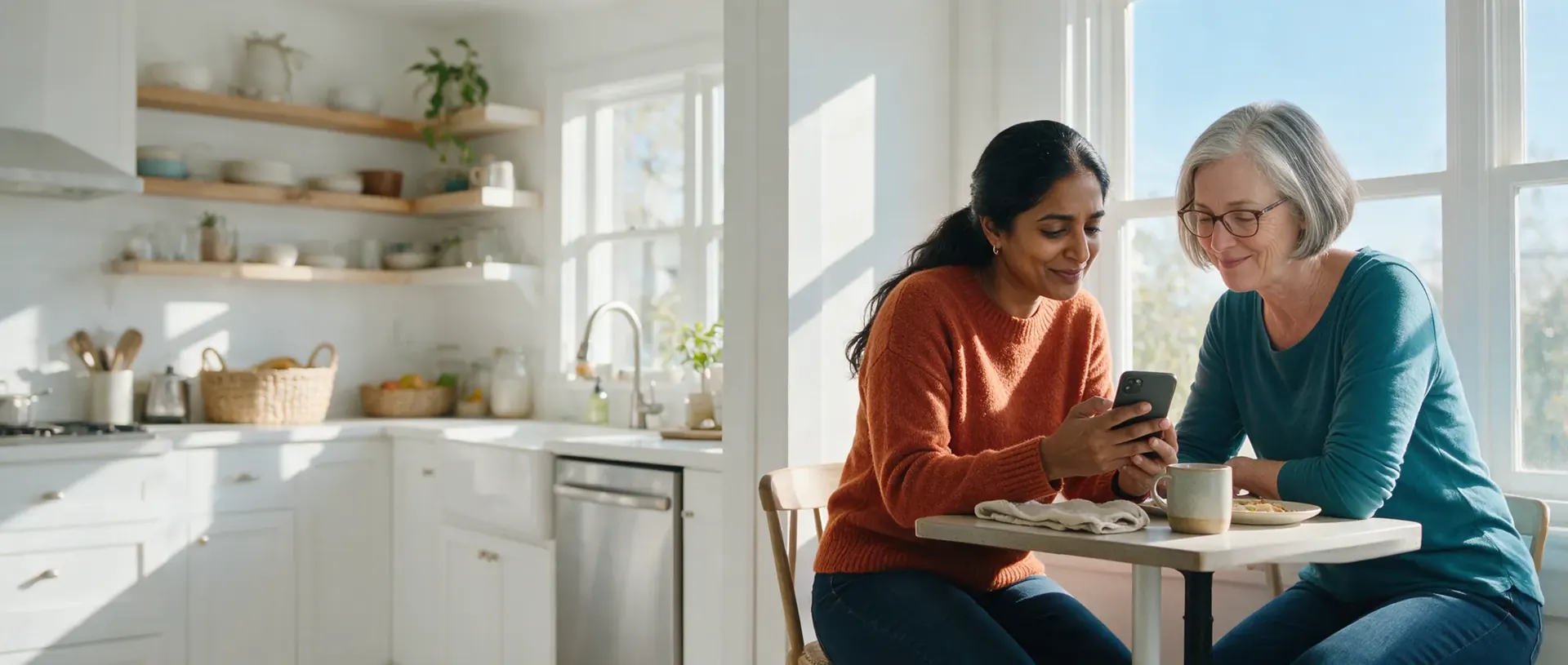 Two women reading a message together at a sunny kitchen table