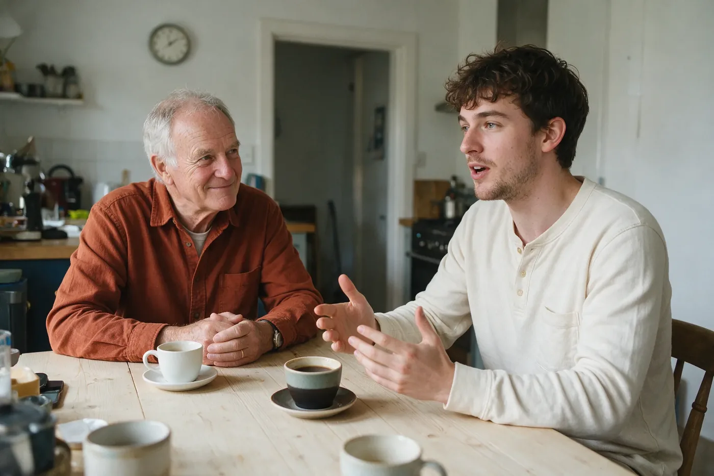 An older man listening as a younger man talks at a kitchen table