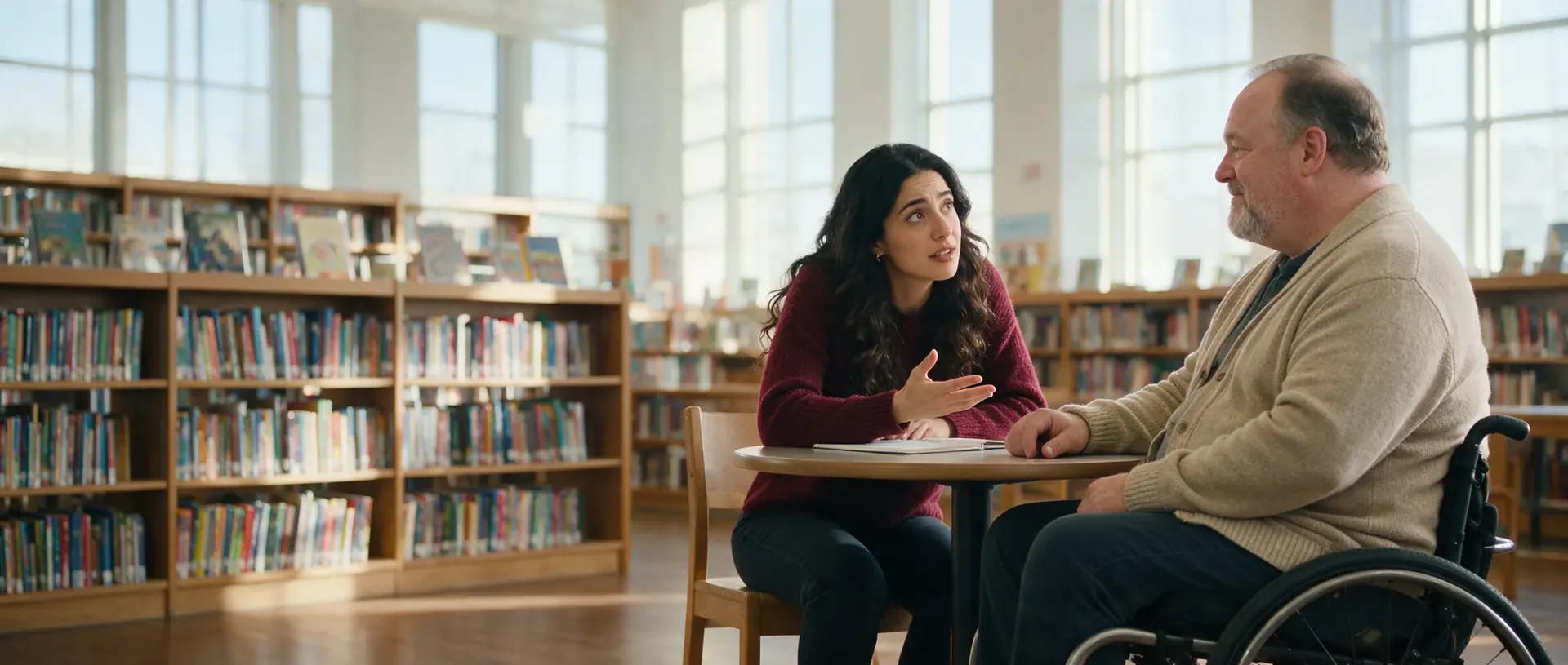A woman asking a question across a small library table