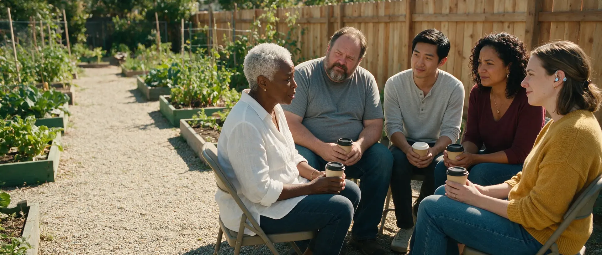 A small circle of friends talking over coffee in a sunny community garden