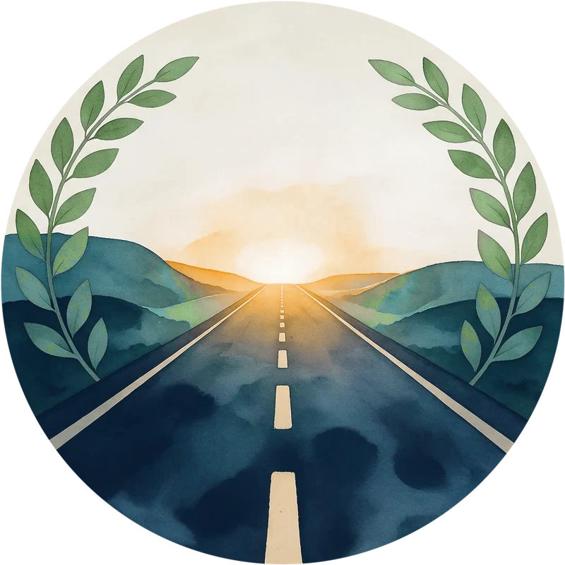 Magical Journey Network 501(c)(3) nonprofit seal: a straight road running to a sunrise between green hills, framed by laurel branches