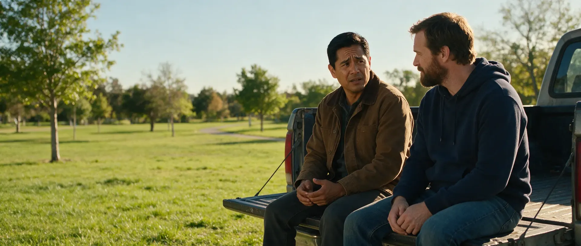 Two friends talking on the tailgate of a pickup truck at the edge of a park