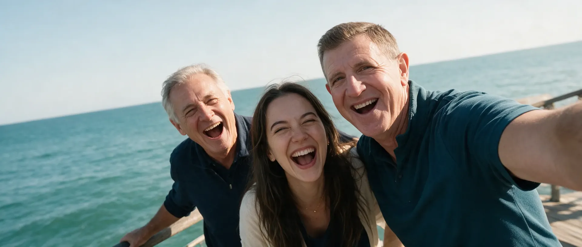 Magic taking a selfie on a seaside pier with two new friends, all three laughing