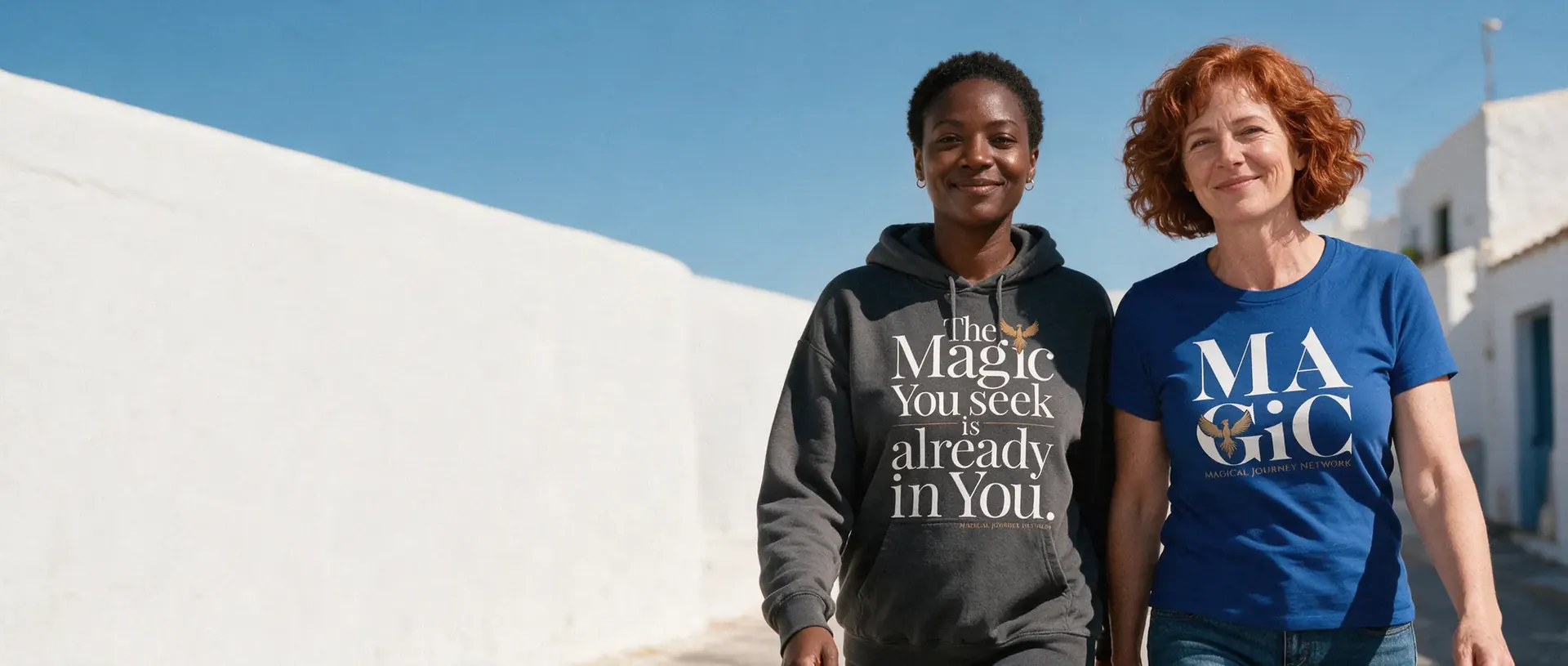 Two friends walking down a seaside street, one in The Magic You Seek hoodie and one in the blue MAGIC tee