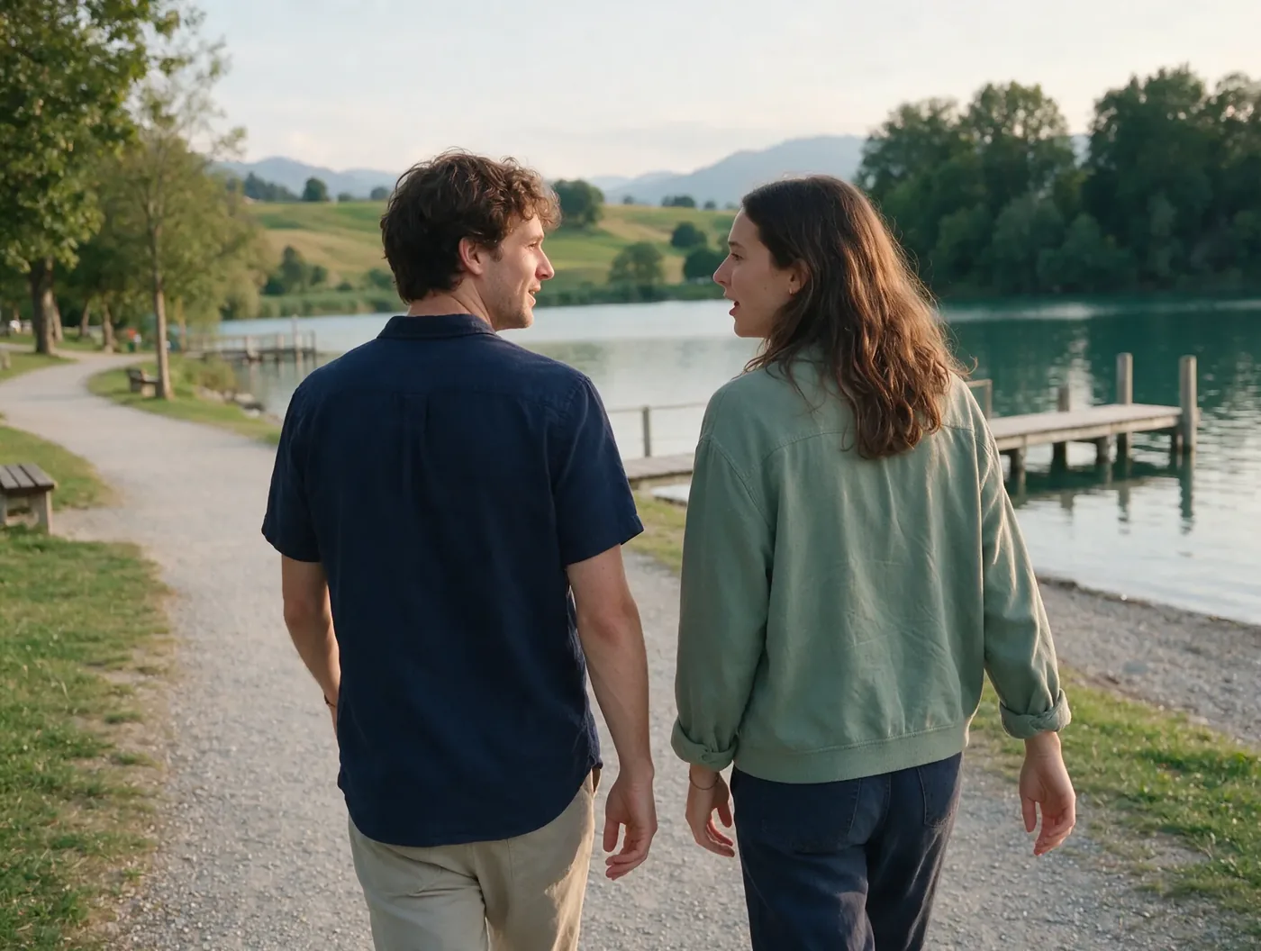 Two friends walking and talking on a lakeside path