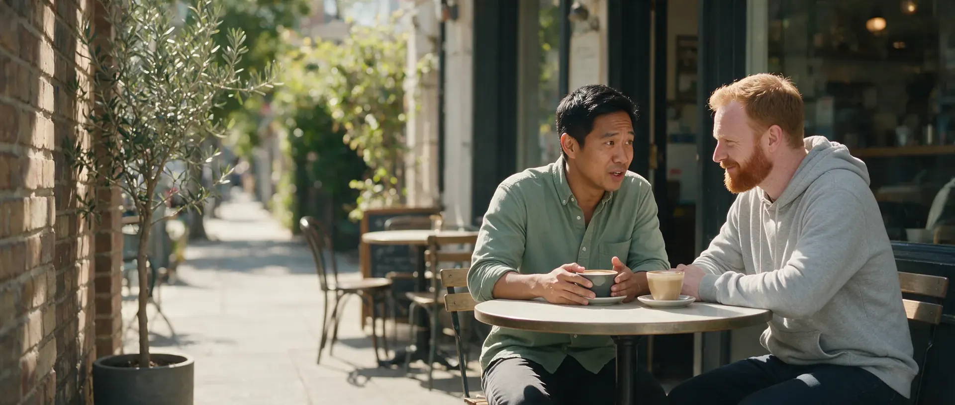 Two friends talking over coffee at a sidewalk café table
