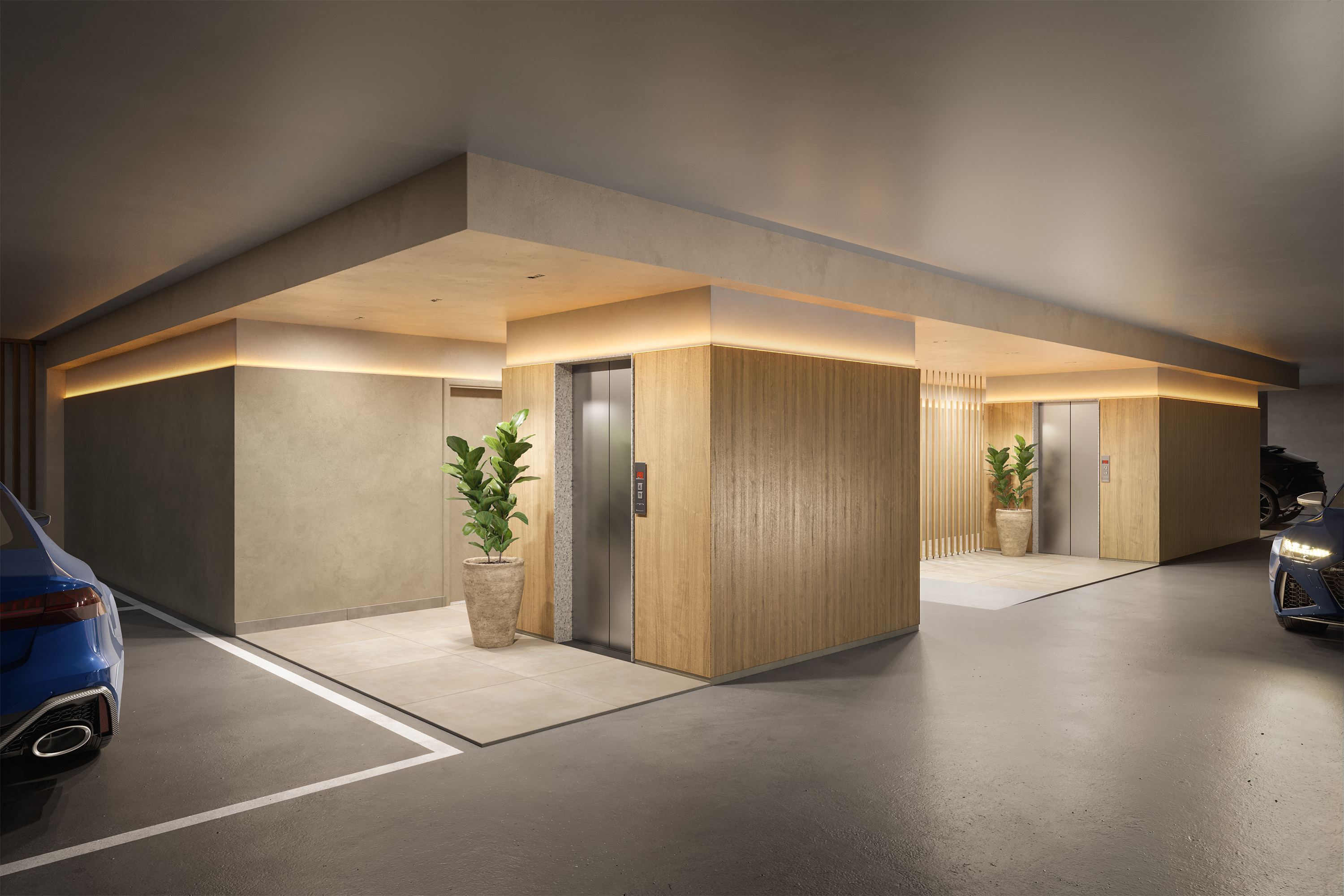 Garagem com arquitetura e iluminação cênica