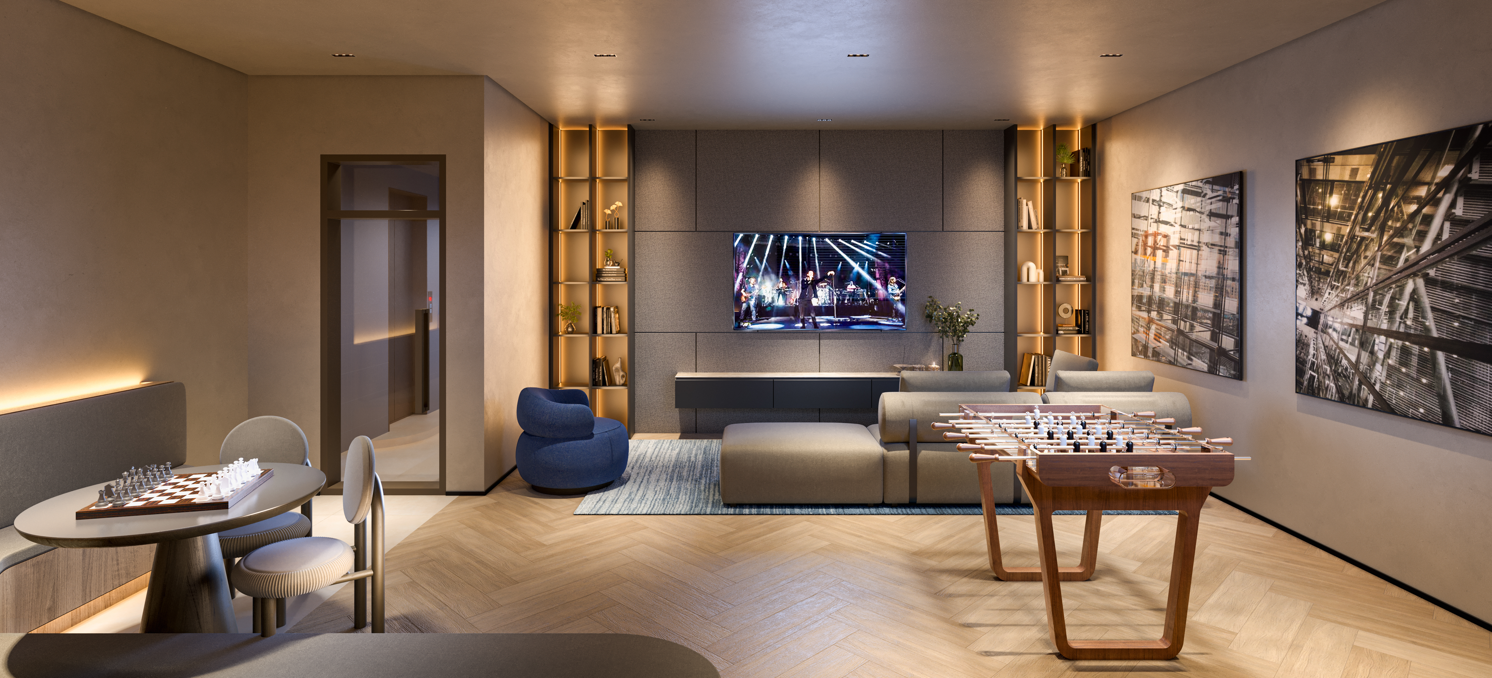 Sala de convivência com mesa de jogos e home theater