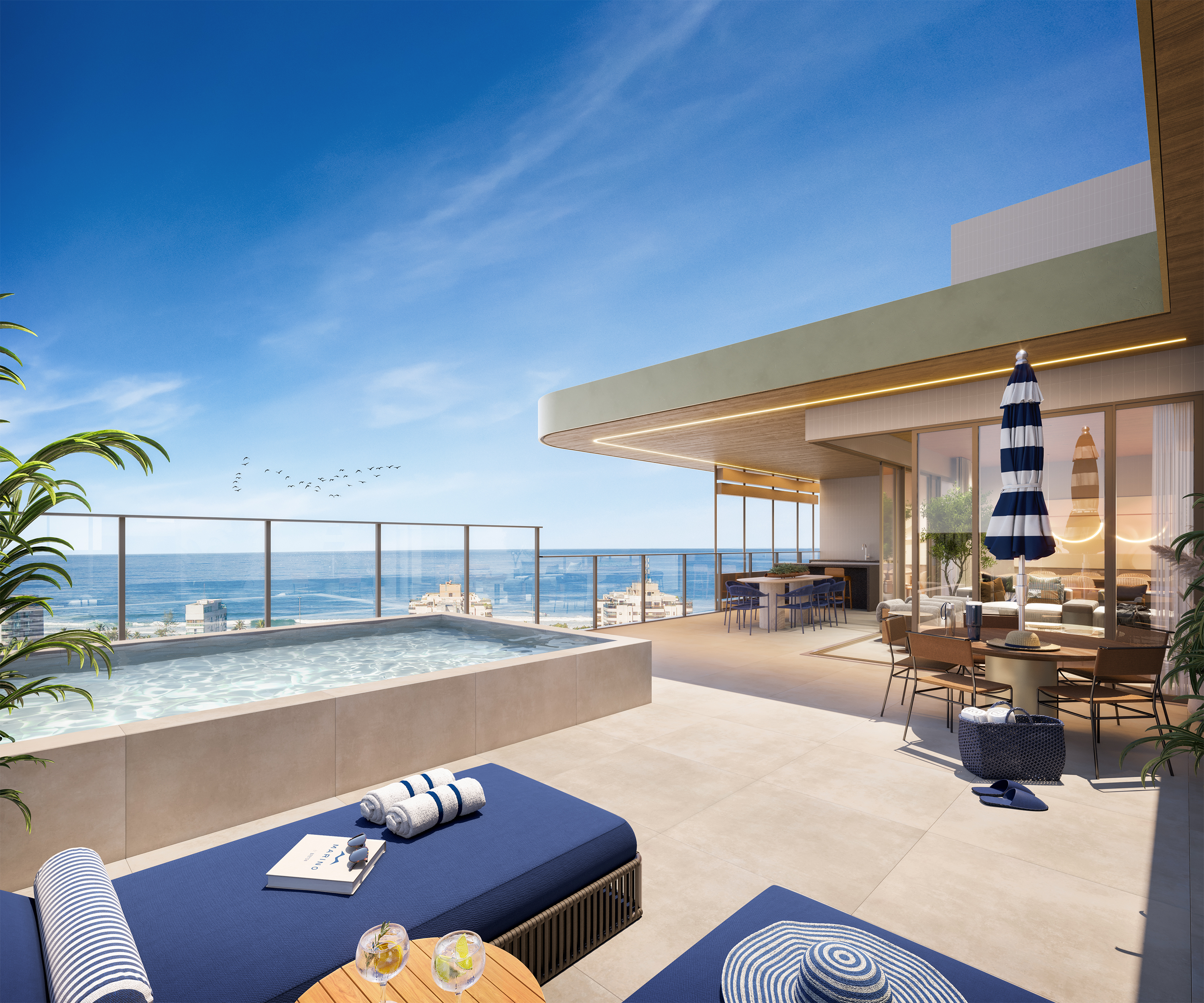 Terraço descoberto da Cobertura Linear 1602 com piscina privativa em alvenaria e solarium