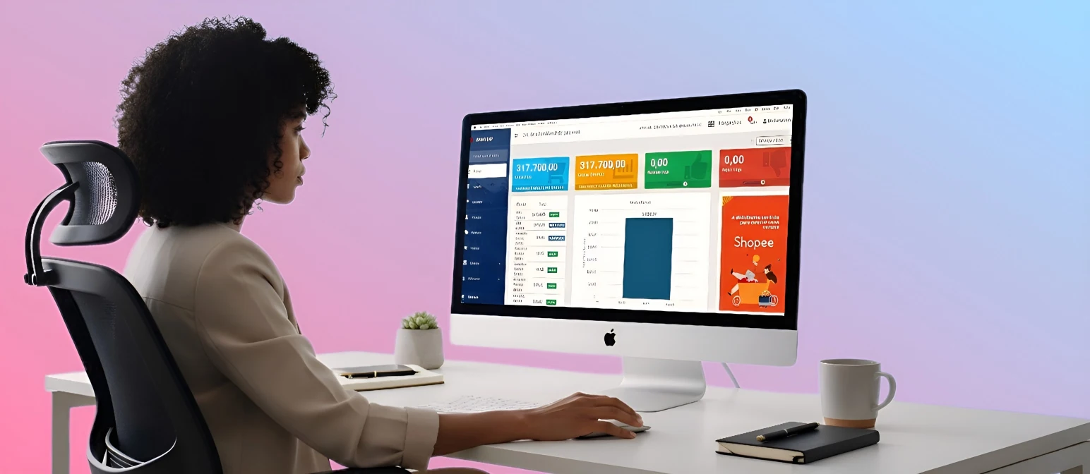 empresária utilizando o sistema de gestão MIKON ERP no seu imac
