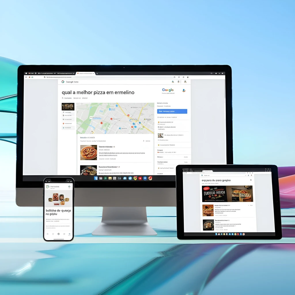 Primeira página do google. pesquisas exibidas em desktop, tablet e celular