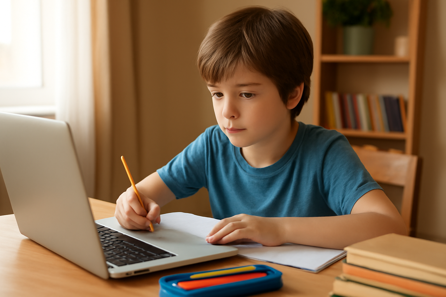Criança de 8 anos fazendo atividade da escola com o computador