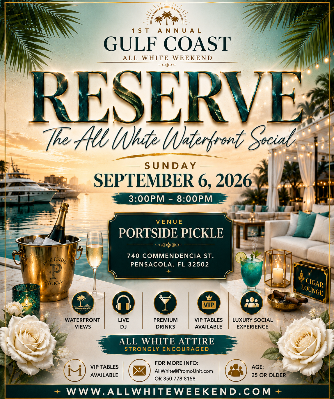 RESERVE — The All White Waterfront Social flyer
