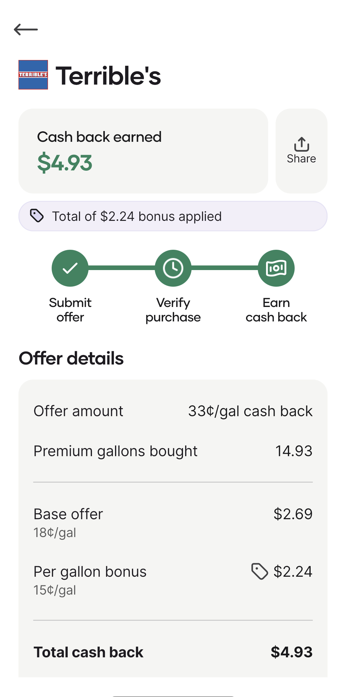 Upside app screenshot showing $4.93 cash back earned on a single gas fill-up by Dante Staples