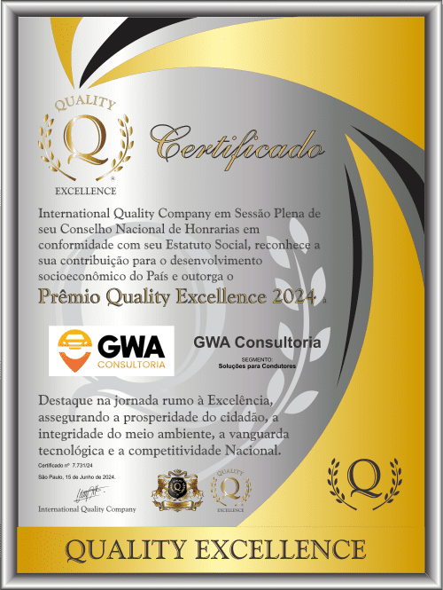 Certificado Prêmio Quality Excellence 2024 da GWA Consultoria