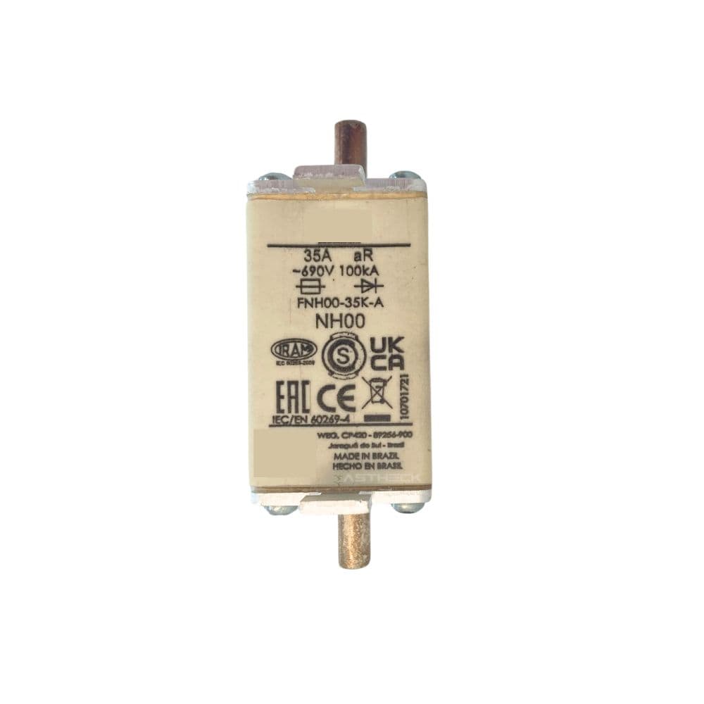 Fusível NH Ultra Rápido tamanho 00, modelo 35A WEG-10701721, para proteção elétrica.