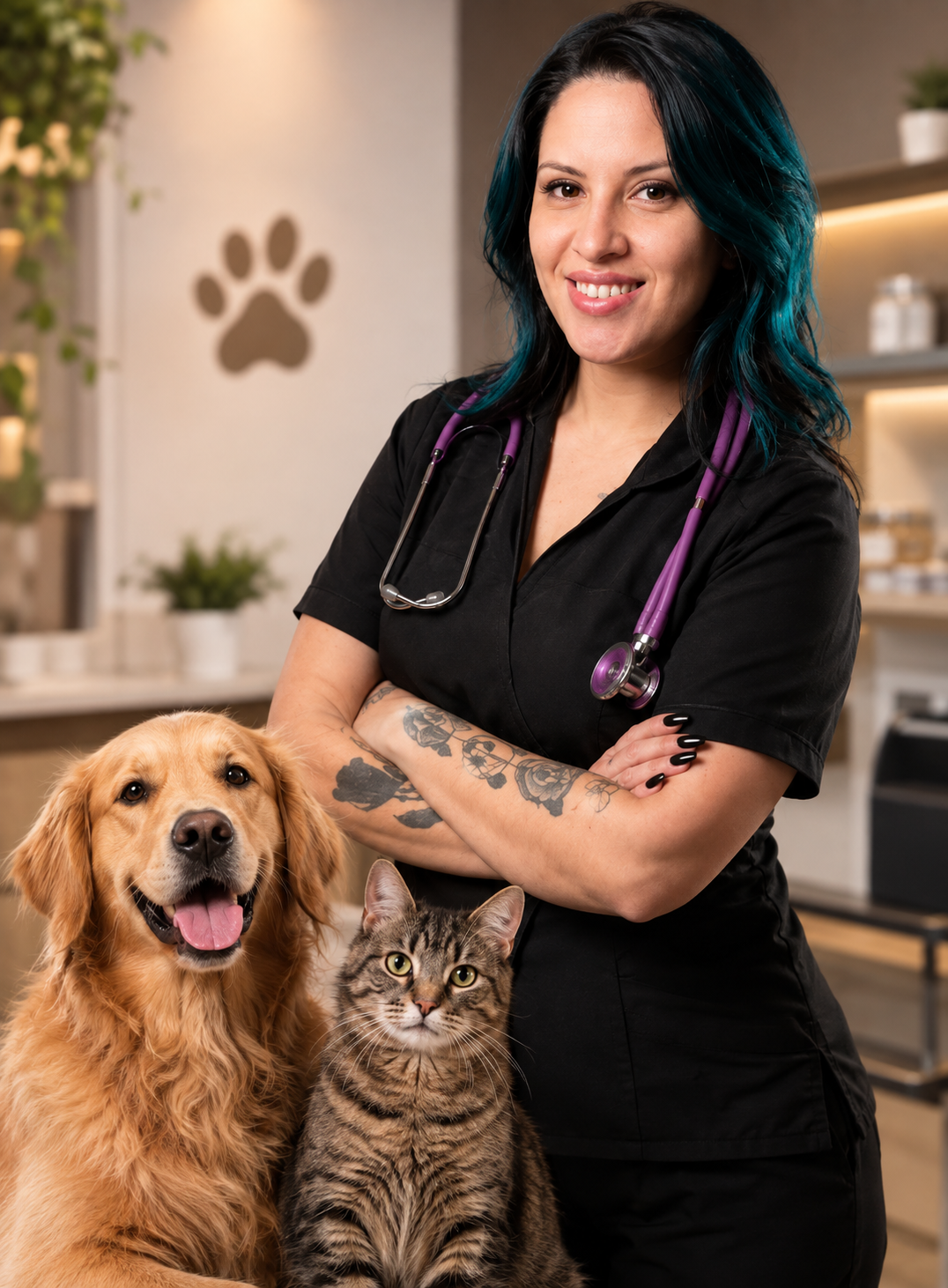 Veterinária com cachorro e gato