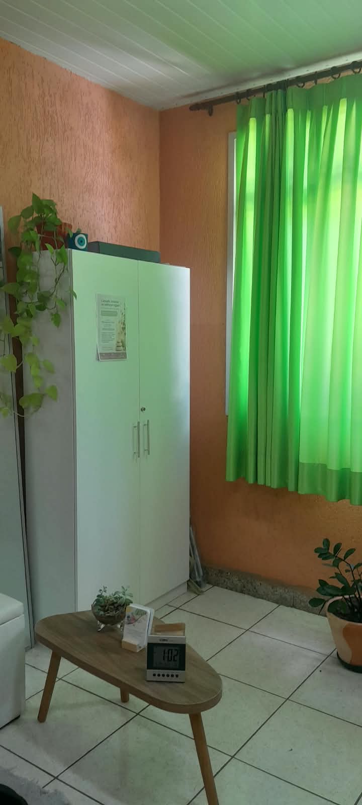 Foto do ambiente com armário, cortina verde e decoração